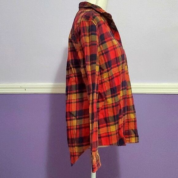 BDG Olly Red & Orange Festival Boyfriend Button Down Flannel Shirt Shacket - Picture 6 of 14